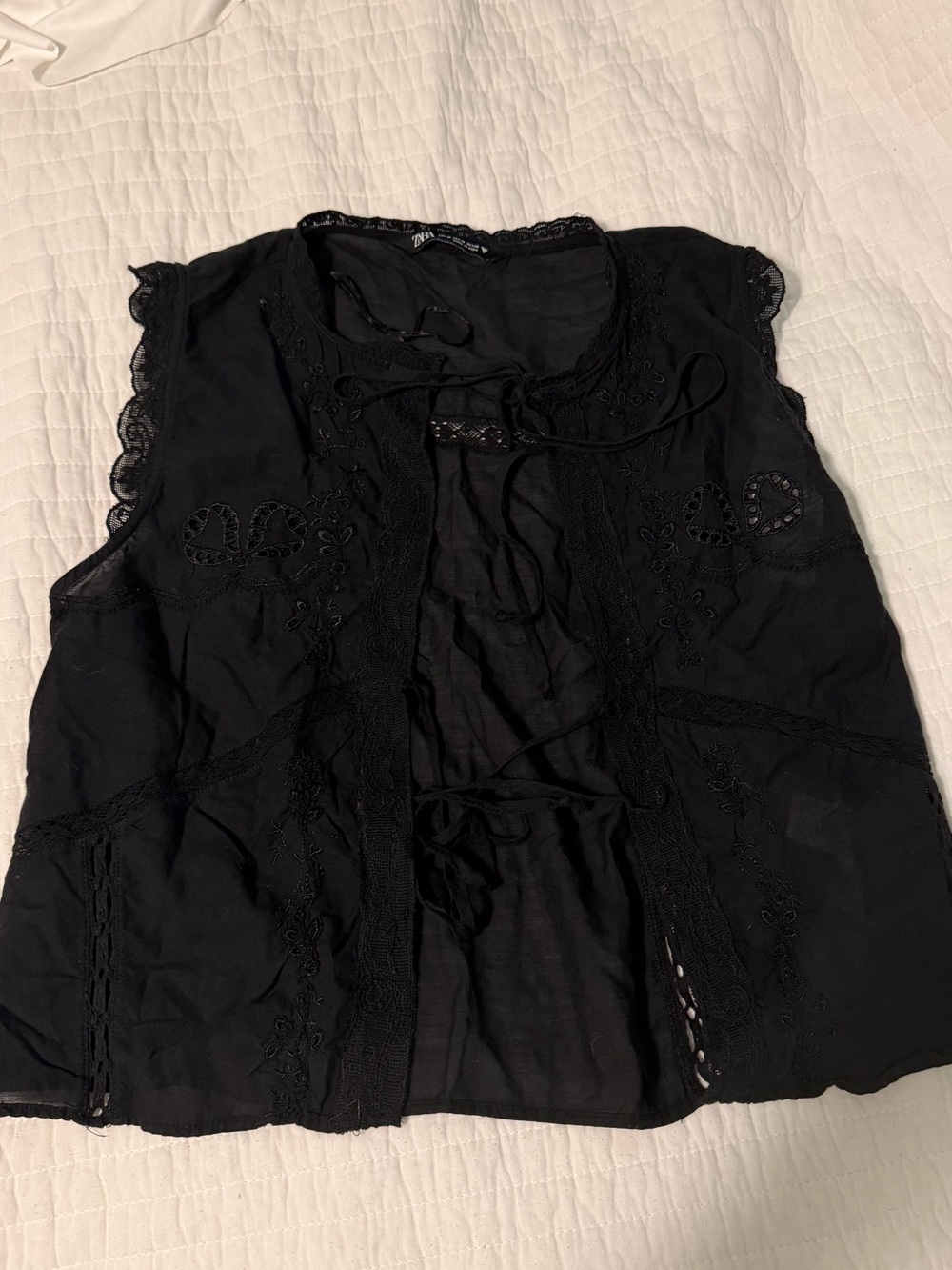 Zara Black Sleeveless Lace-Trim Tie-Front Camisole